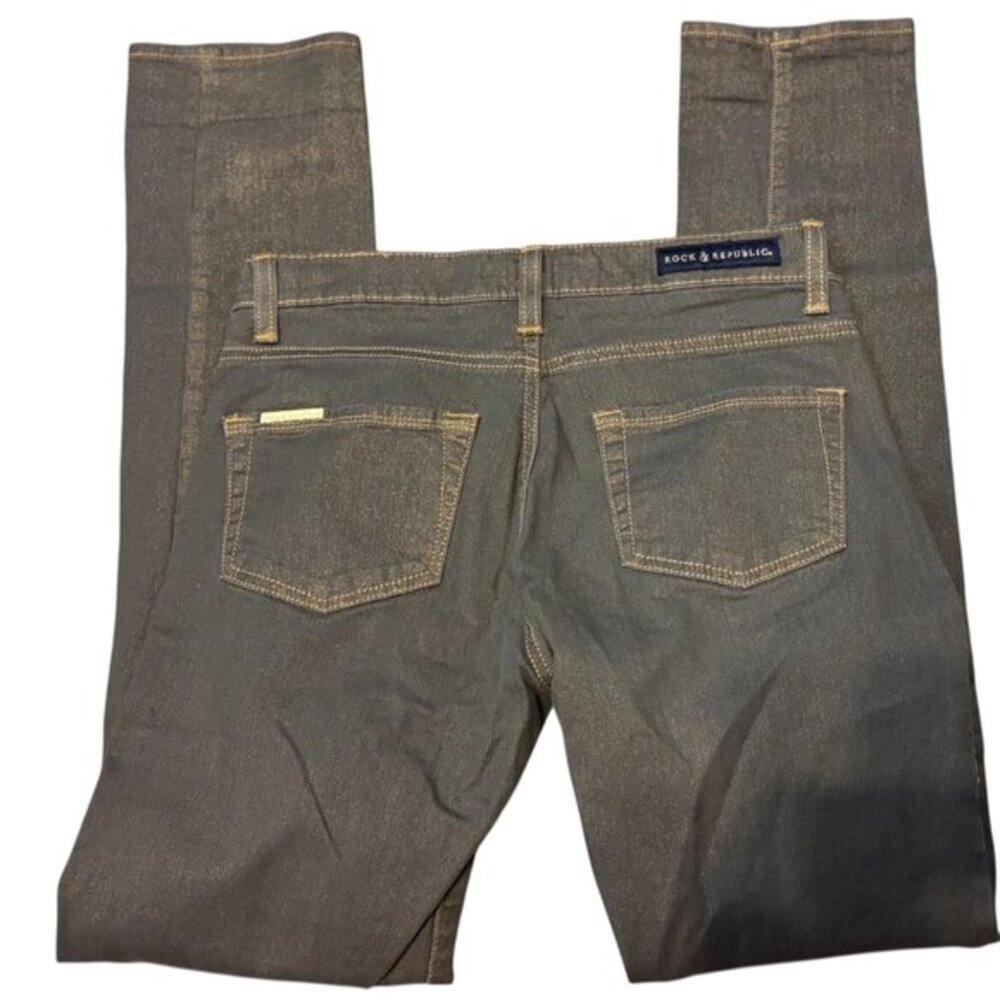 Rock & Republic Berlin ice cream Gray With Gold Shimmer Straight Leg Jeans Size